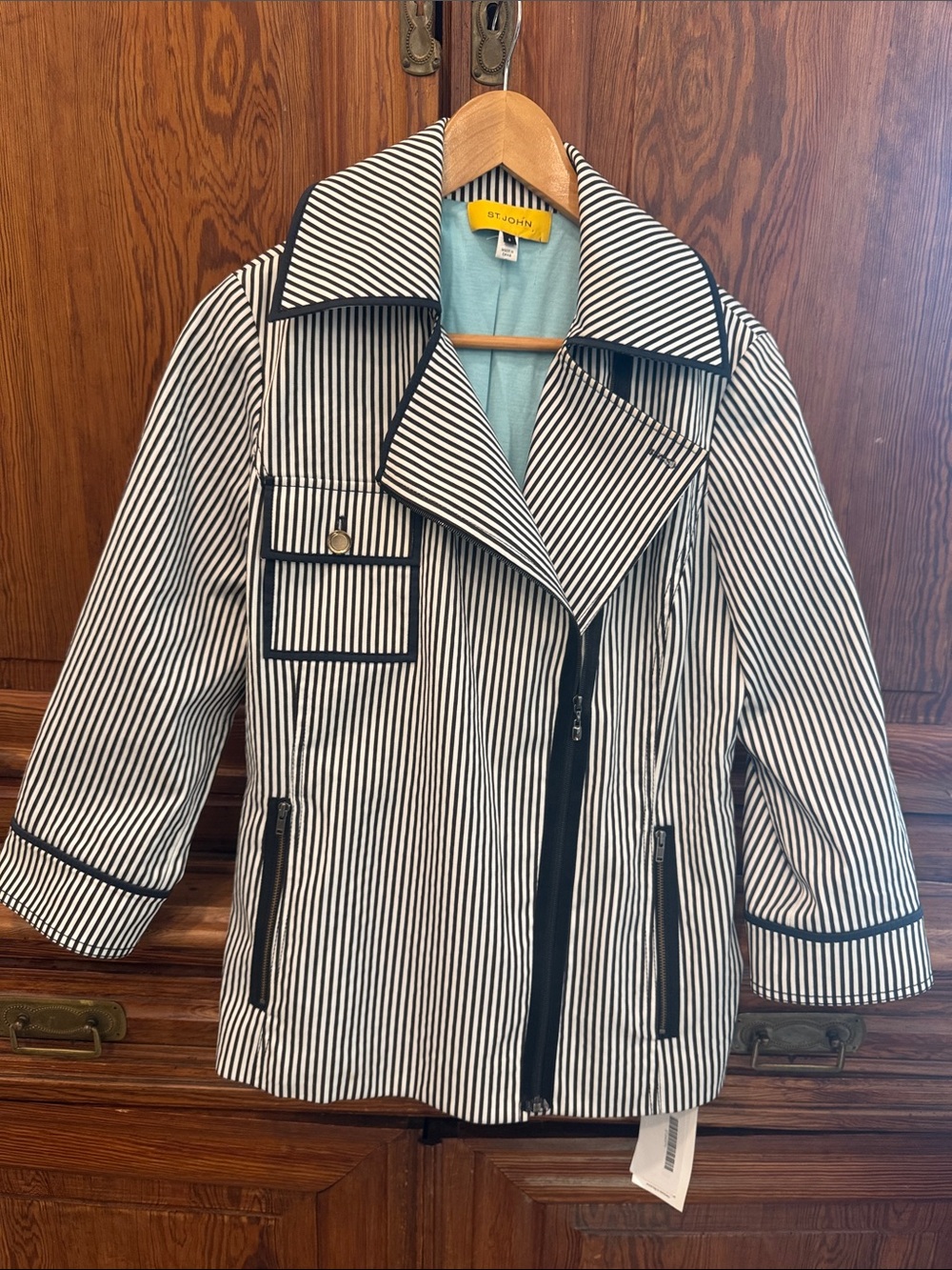 EUC St. John Striped Jacket Size S Black White Zip Moto Style (193)